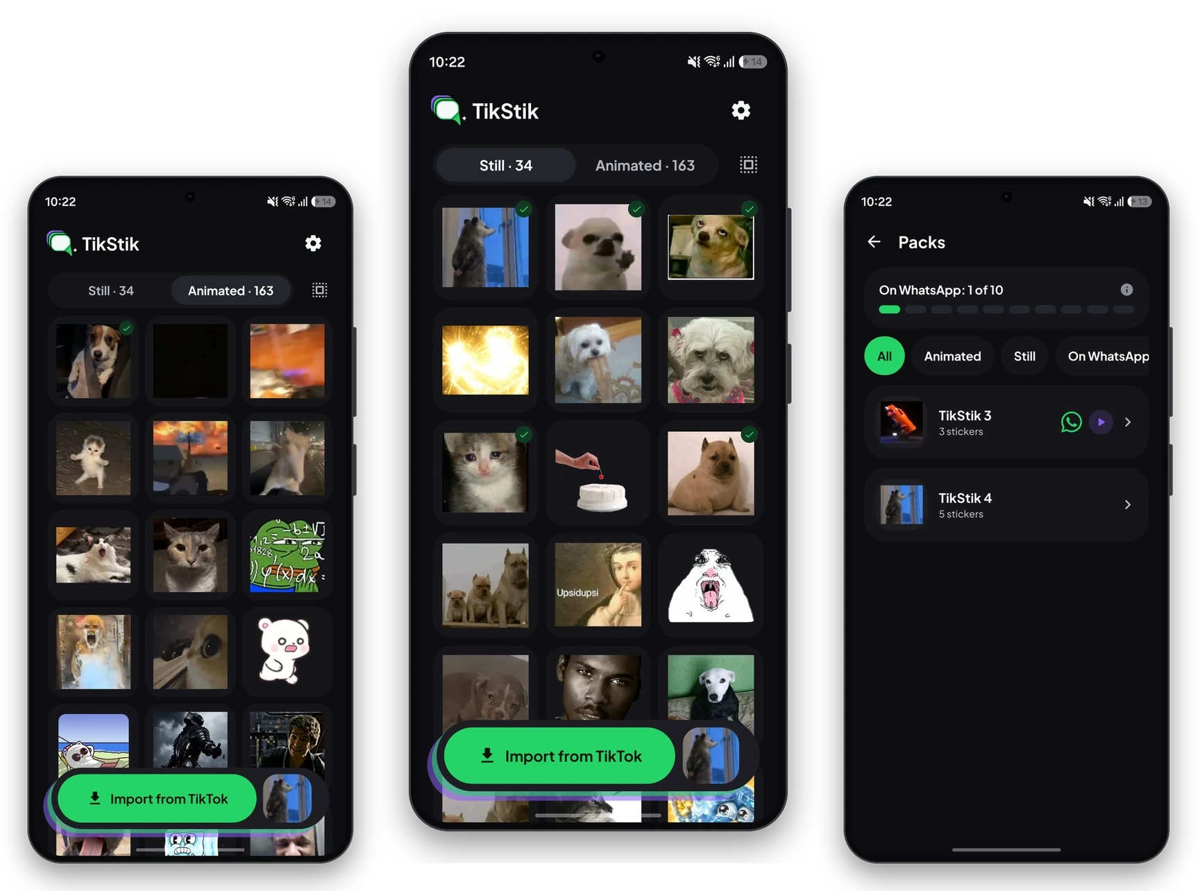 TikStik on three Android phones: your still stickers, the animated ones and your packs